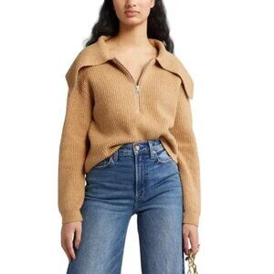 Open Edit Rib Half Zip Sweater Long Sleeve In Tan